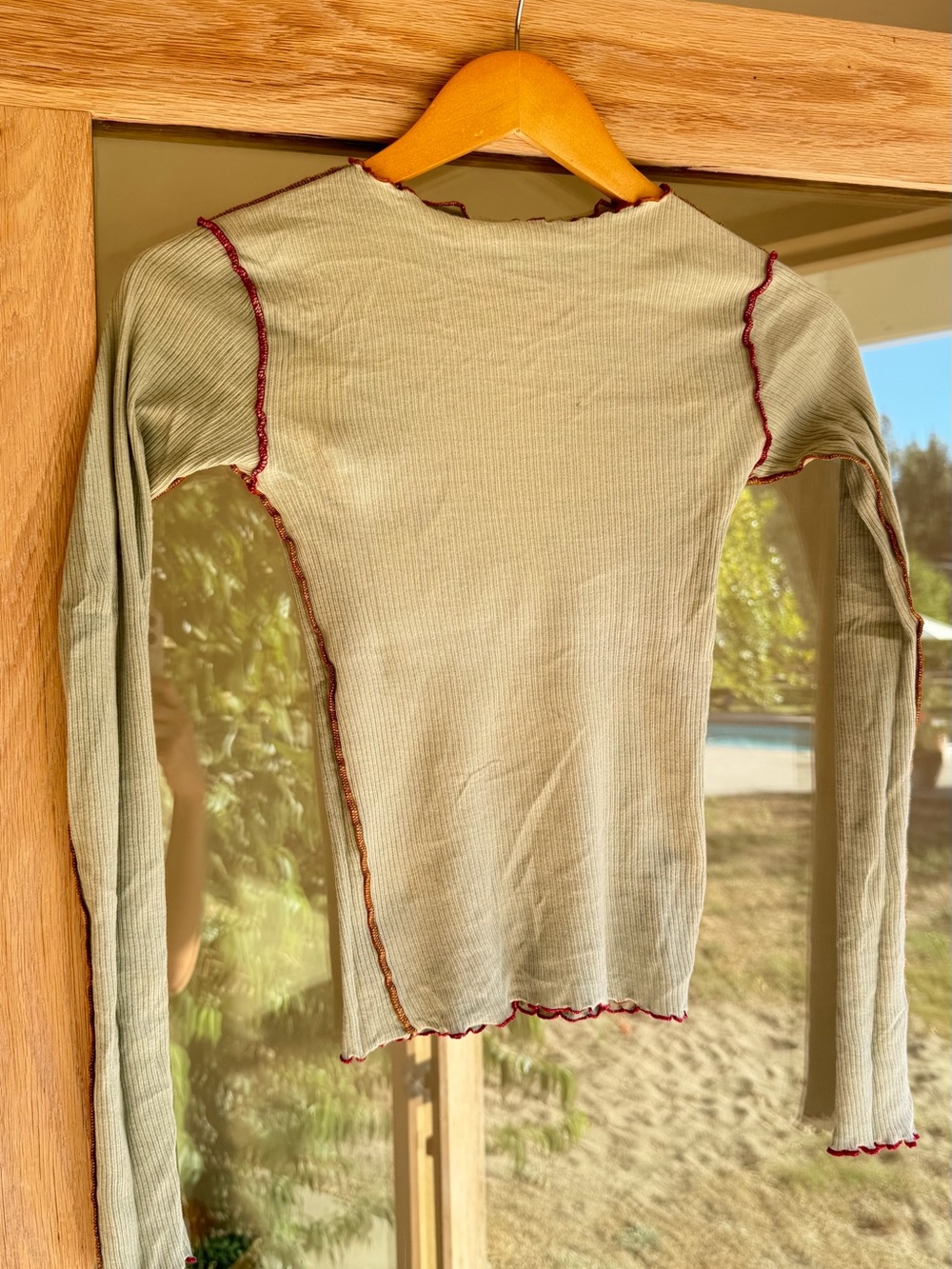 Ribbed Lettuce-Edge Long Sleeve Top - Sage Green